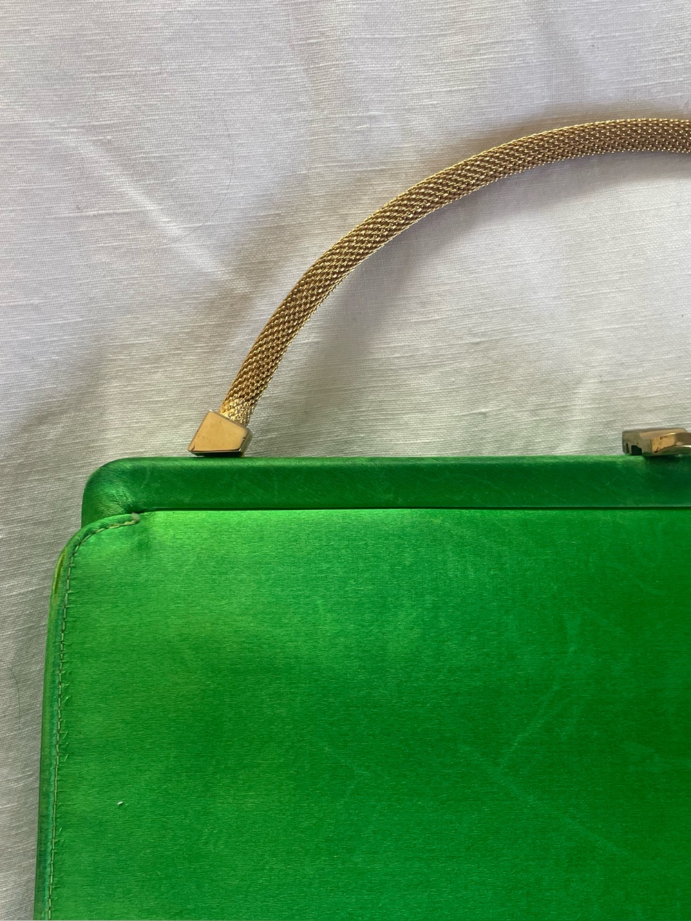 Vintage Manon Green Satin Evening Clutch with Gold Handle